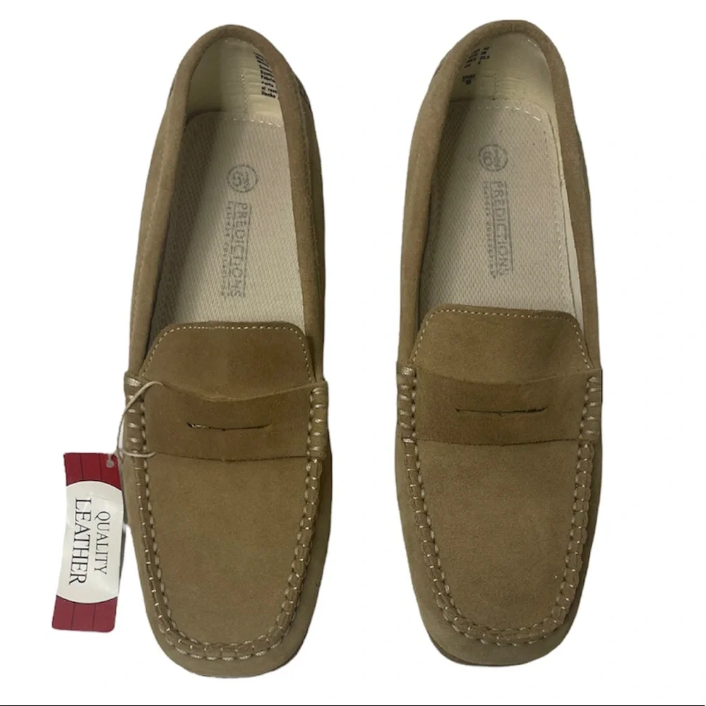 Suede Driving Loafers Tan Leather Slip On Drivers Comfort Flats Womens Size 6.5